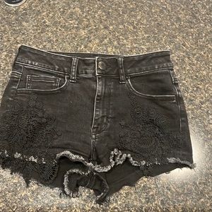 American Eagle super super stretch black denim shorts with lace detail, sz 4